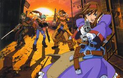  3boys belt bow braid brown_hair clive_winslett dual_wielding female gallows_carradine green_eyes gun highres holding jet_enduro juliet_sleeves long_hair long_sleeves multiple_boys official_art official_wallpaper ooba_wakako puffy_sleeves ribbon sidelocks single_braid virginia_maxwell weapon wild_arms wild_arms_3 