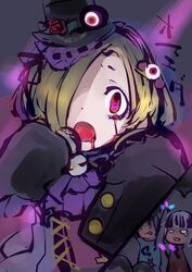  bad_id bad_pixiv_id blonde_hair blood dress female hair_over_one_eye hat idolmaster idolmaster_cinderella_girls microphone mini_hat open_mouth shirasaka_koume short_hair solo_focus yummy_yoi 