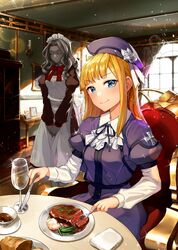  2girls absurdres apron bad_id bad_pixiv_id blonde_hair blue_eyes bow bowtie chair commentary_request cup drinking_glass fate/grand_order fate_(series) food fork glass golem hat highres indoors jai_(whany1998) knife long_hair lord_el-melloi_ii_case_files maid maid_headdress multiple_girls reines_el-melloi_archisorte ribbon trimmau_(fate) volumen_hydragyrum_(fate) wine_glass 