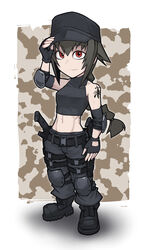  abs bare_shoulders black_hair boots braid buckle chibi commentary elbow_pads female fingerless_gloves full_body gloves hair_between_eyes hat helevu hetza_(hellshock) long_hair looking_at_viewer midriff navel original red_eyes scorpion_tattoo shoulder_tattoo single_braid sleeveless smile snap-fit_buckle solo tattoo toned turtleneck 