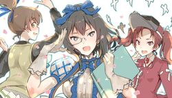  +_+ 3girls arms_up artist_name black_eyes black_hair black_shirt blue_bow blue_bowtie blue_dress blue_ribbon blush bow bowtie brown_eyes brown_hair collared_shirt commentary_request cosplay djeeta_(granblue_fantasy) djeeta_(granblue_fantasy)_(cosplay) dress folder from_behind girls_und_panzer gloves granblue_fantasy grey-framed_eyewear hair_ribbon headgear holding kadotani_anzu kantai_collection kawakami_mai kawakami_mai_(cosplay) kawashima_momo kimi_to_boku_no_mirai koyama_yuzu long_hair long_sleeves looking_at_viewer looking_back magatama miniskirt monocle multiple_girls musaigen_no_phantom_world oerba_yun_fang open_mouth parted_bangs petals pink_shirt pleated_skirt puffy_sleeves red_eyes red_hair ribbon ryuujou_(kancolle) ryuujou_(kancolle)_(cosplay) salute semi-rimless_eyewear shikigami shirt short_hair short_ponytail signature skirt smile standing sweater_vest twintails umiu_(hoge) under-rim_eyewear vest white_gloves white_ribbon white_shirt white_skirt wing_collar yellow_vest 