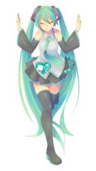  2017 aqua_hair aqua_nails bare_shoulders belt black_sleeves black_thighhighs closed_eyes commentary detached_sleeves female full_body grin hair_between_eyes hair_ornament hand_in_hand_(vocaloid) hands_up hatsune_miku heart highres leg_up long_hair md5_mismatch nail_polish necktie satsuki_32ki smile solo thighhighs twintails very_long_hair vocaloid 