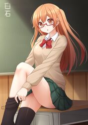  black_socks breasts brown_hair commentary_request dressing female glasses highres kazenokaze kneehighs looking_at_viewer medium_breasts red_eyes shiraishi_(tanakeda) socks solo tanaka-kun_wa_itsumo_kedaruge 