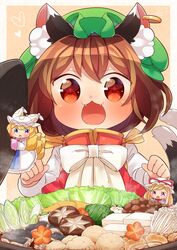  +_+ 3girls :3 :o animal_ear_fluff animal_ear_piercing animal_ears blonde_hair blue_eyes brown_hair cabbage carrot cat_ears cat_tail chen chibi commentary_request dress fangs food fox_tail hat hat_ribbon hat_with_ears heart high_collar highres ibaraki_natou jewelry long_hair long_sleeves looking_at_viewer mini_person minigirl mob_cap mochen mochi multiple_girls multiple_tails mushroom nabe neck_ribbon ofuda open_mouth pink_background purple_eyes red_eyes red_vest ribbon shirt short_hair simple_background swept_bangs tabard tail tofu touhou upper_body vest white_dress white_ribbon white_shirt yakumo_ran yakumo_yukari 