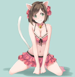  :3 all_fours animal_ears bell bikini bikini_skirt brown_hair cat_ears commentary_request female frilled_bikini frills green_eyes idolmaster idolmaster_cinderella_girls jingle_bell looking_at_viewer maekawa_miku meganei oerba_yun_fang red_bikini short_hair smile solo striped_bikini striped_clothes swimsuit 