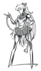  aino_minako android bishoujo_senshi_sailor_moon bow chains commentary english_commentary female hairbow high_heels highres joints long_hair mechanization monochrome no_feet psuede robot_joints sailor_venus skirt solo stiletto_heels tiara venus_love_me_chain 