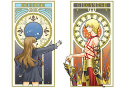  1boy art_nouveau blonde_hair brown_eyes brown_hair chains commentary_request ea_(fate/stay_night) enkidu_(weapon)_(fate) fate/extra fate/extra_ccc fate_(series) female gilgamesh_(fate) hand_on_hilt jewelry kishinami_hakuno_(female) long_hair necklace petite red_eyes school_uniform shimaneko tattoo topless_male tsukumihara_academy_uniform_(fate/extra_ccc) weapon 