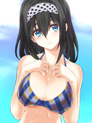  bare_shoulders bikini black_hair blue_eyes blue_sky breasts cleavage cloud commentary day female hair_between_eyes hairband hands_on_own_chest head_tilt highres idolmaster idolmaster_cinderella_girls jpeg_artifacts kurokawa_(silve) large_breasts long_hair looking_at_viewer sagisawa_fumika sky solo swimsuit upper_body 