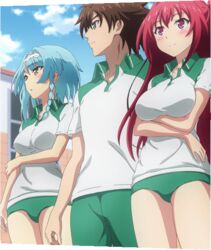  1boy 2girls blue_hair breasts girl_sandwich gym_uniform highres large_breasts multiple_girls naruse_mio nonaka_yuki red_hair sandwiched screencap shinmai_maou_no_testament shorts standing stitched toujou_basara 