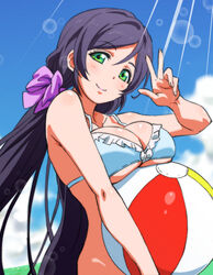  ball beachball bikini breasts commentary_request female ginmaru highres large_breasts long_hair looking_at_viewer love_live! love_live!_school_idol_project purple_hair smile solo swimsuit tojo_nozomi twintails underboob w 