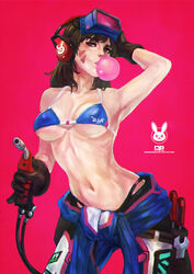  absurdres armpits bare_shoulders blowing_bubbles bra breasts brown_hair chewing_gum clothes_around_waist commentary d.va_(overwatch) english_commentary facial_mark female gloves highres hose large_breasts long_hair looking_at_viewer monori_rogue navel no_shirt overwatch overwatch_1 photoshop_(medium) screwdriver solo stomach suppressor toned underwear welding_goggles welding_torch whisker_markings wrench 