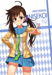  3: ahoge argyle_background artist_name blush bonyari_high_school_uniform brown_eyes brown_hair cardigan character_name collarbone commentary_request copyright_name cowboy_shot female fingernails hand_on_own_hip long_hair long_sleeves looking_at_viewer low_ponytail necktie nisekoi nose_blush npcpepper onodera_haru open_cardigan open_clothes outstretched_arm photoshop_(medium) pleated_skirt pointing school_uniform scrunchie serafuku shirt side_ponytail skirt solo v-shaped_eyebrows wavy_mouth 