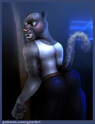  5_fingers anthro ass blue_eyes blush border bottomwear clothed clothing disney felid fingers fully_clothed fur gamibri grey_body grey_fur hi_res jaguar looking_back male mammal melanistic open_mouth pantherine pants pink_nose portrait raised_tail rear_view renato_manchas shirt solo spots standing tail tank_top text three-quarter_portrait topwear url zootopia 