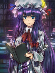  blue_eyes book book_stack capelet coat commentary_request crescent dress female hair_ribbon hat hat_ribbon inaba-no-kuni-tottori library long_hair long_sleeves looking_at_viewer mob_cap open_clothes open_coat patchouli_knowledge purple_hair ribbon solo striped_clothes striped_dress touhou tress_ribbon very_long_hair 