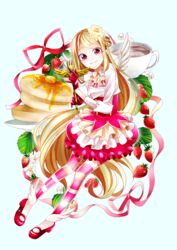  absurdres blonde_hair blue_background bow bubble_skirt butter coffee commentary_request cup female flower food food-themed_hair_ornament fork frilled_skirt frills fruit full_body gloves hair_ornament highres layered_skirt leaf long_hair looking_at_viewer masumofu morinaga_(brand) mug multicolored_pantyhose original pancake pantyhose personification red_bow red_eyes red_footwear red_gloves red_skirt shirt shoes skirt smile solo strawberry strawberry_blossoms striped_clothes striped_pantyhose white_shirt wings 