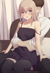  1boy absurdres act_(xadachit) black_thighhighs blue_eyes blush brown_hair collarbone dress female girls&#039;_frontline hair_between_eyes highres hug hug_from_behind long_hair long_sleeves open_mouth pink_hair shirt sitting solo_focus st_ar-15_(girls&#039;_frontline) thighhighs white_shirt 