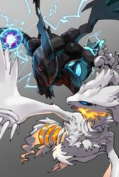  battle blue_eyes breath_weapon breathing_fire claws colored_sclera commentary_request electricity energy_ball fire futena_goze glowing grey_background grey_eyes highres no_humans pokemon pokemon_(creature) red_sclera reshiram white_fur zekrom 