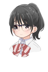  akebi-chan_no_serafuku black_hair blue-framed_eyewear bow bowtie closed_mouth collared_shirt cropped_shoulders diagonal-striped_bow diagonal_stripes dot_nose female glasses grey_eyes highres looking_at_viewer looking_to_the_side over-rim_eyewear ponytail portrait red_bow red_bowtie retsumaru roubai_academy_school_uniform_(new) school_uniform semi-rimless_eyewear shirt short_ponytail simple_background smile solo striped_bow striped_bowtie striped_clothes tatsumori_ai white_background white_shirt wing_collar 