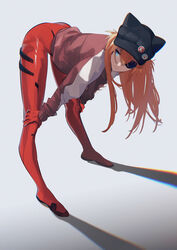  absurdres baseball_cap bent_over black_hat blue_eyes bodysuit closed_mouth commentary evangelion:_3.0_you_can_(not)_redo eyepatch fake_horns female full_body grey_background hair_between_eyes hat hat_pin highres horned_headwear horns igawa_hikaru jacket long_hair neon_genesis_evangelion one_eye_covered orange_hair plugsuit rebuild_of_evangelion red_bodysuit red_jacket shadow simple_background skin_tight solo souryuu_asuka_langley standing 