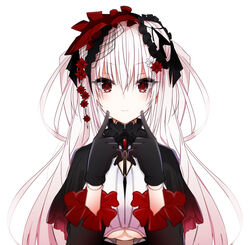  april_fools black_dress black_gloves closed_mouth commentary doll_joints dress female fingersmile gloves gradient_hair index_finger_raised joints long_hair long_sleeves looking_at_viewer multicolored_hair original pink_hair sera_makina simple_background smile solo twintails upper_body vane_(vane0) virtual_youtuber white_background white_hair 