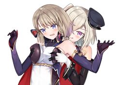  2girls azur_lane bare_shoulders black_gloves blush bodysuit bow breasts cape detached_sleeves earphones gloves grabbing grabbing_another&#039;s_breast grabbing_from_behind hair_between_eyes hairbow hat headphones headphones_around_neck light_brown_hair medium_breasts medium_hair multiple_girls peaked_cap pink_eyes purple_eyes red_cape sideboob simple_background skin_tight tongue tongue_out two-tone_gloves white_background white_gloves yuri z1_leberecht_maass_(azur_lane) z1_leberecht_maass_(retrofit)_(azur_lane) z23_(azur_lane) z23_(retrofit)_(azur_lane) zdj 