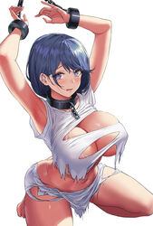  absurdres armpits arms_up azur_lane bare_legs barefoot blue_eyes blue_hair blush bondage bound bound_arms breasts chained chains chapayev_(azur_lane) chapayev_(the_captive_cavalier)_(azur_lane) cleavage collar commentary_request cuffs female groin highres hsh_thx huge_breasts kneeling mole mole_on_breast navel official_alternate_costume photoshop_(medium) shackles shirt short_hair short_sleeves simple_background skirt solo swept_bangs tearing_up tears torn_clothes torn_shirt torn_skirt white_background white_shirt white_skirt 