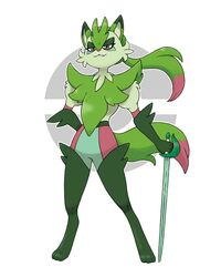  4:5 ambiguous_gender anthro clothing drawfee_(copyright) fakemon felid feline fur green_body green_fur green_hair hair hi_res hindpaw legwear long_hair mammal melee_weapon nintendo paws pokemon ponytail rotsuoy_wolfen solo sprigatito_(karina_farek) style_emulation sword thigh_highs weapon 