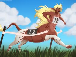  2020 4:3 4_toes 5_fingers blonde_hair clothing day detailed_background digital_media_(artwork) eyebrows eyelashes feet fingers hair humanoid_taur lunalei male open_mouth outside sky solo tail taur teeth text text_on_clothing toes tongue 