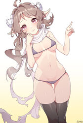  absurdres arknights artist_name ass_visible_through_thighs bad_id bad_pixiv_id bikini black_thighhighs blue_bikini blush breasts brown_hair eyjafjalla_(arknights) female hand_up highres horns long_hair looking_at_viewer medium_breasts navel pink_eyes pointy_ears scarf shao_(shaorouhong) solo standing swimsuit thighhighs torn_clothes torn_scarf two-tone_background white_background white_scarf yellow_background 