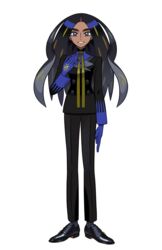  absurdres arm_at_side blue_gloves eyelashes female formal full_body geeta_(pokemon) gloves hand_on_own_chest highres multicolored_hair official_art pant_suit pants pokemon pokemon_sv smile solo standing suit transparent_background two-tone_hair 