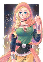  belt bianca_(dq5) blonde_hair blue_eyes bracelet braid breasts cape choker cleavage coin commentary_request cowboy_shot dated defense_zero detached_sleeves dragon_quest dragon_quest_v earrings eyelashes female gold_coin green_shirt hair_over_shoulder hand_up hood hooded_cape itadaki_street jewelry large_breasts lips long_hair looking_at_viewer orange_cape shirt single_braid skirt smile solo translated yellow_skirt 