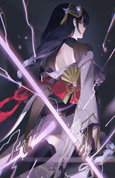  absurdres armor braid breasts bridal_gauntlets closed_mouth coattails commentary_request electricity energy_sword energy_weapon female flower from_behind genshin_impact hair_ornament highres holding holding_polearm holding_weapon igawa_hikaru japanese_clothes katana kimono large_breasts long_hair long_sleeves looking_at_viewer mole mole_under_eye obi partial_commentary polearm purple_eyes purple_flower purple_hair raiden_shogun sash shoulder_armor simple_background solo sword tassel weapon wide_sleeves 