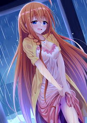  ahoge asymmetrical_hair awkward blue_eyes blush braid breasts breasts_squeezed_together casual cleavage clothes_lift coat collarbone cowboy_shot dress dutch_angle female gradient_dress hair_between_eyes highres jewelry large_breasts long_hair looking_at_viewer necklace night open_mouth orange_hair pecorine_(princess_connect!) pecorine_(real)_(princess_connect!) princess_connect! rain see-through sexually_suggestive sidelocks skirt skirt_lift solo syurimp tareme v_arms very_long_hair water_drop wringing_clothes wringing_dress yellow_coat 