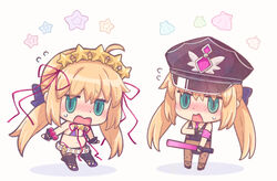  ahoge artoria_caster_(fate) artoria_pendragon_(fate) bb_(fate) bb_(swimsuit_mooncancer)_(fate) bb_(swimsuit_mooncancer)_(fate)_(cosplay) bb_(swimsuit_mooncancer)_(second_ascension)_(fate) bikini blonde_hair blush chibi cosplay fate/grand_order fate_(series) female flying_sweatdrops full_body hair_between_eyes hat holding long_hair multiple_views navel open_mouth parody riyo_(lyomsnpmp)_(style) saipaco seashell sessyoin_kiara sessyoin_kiara_(swimsuit_mooncancer) sessyoin_kiara_(swimsuit_mooncancer)_(cosplay) sessyoin_kiara_(swimsuit_mooncancer)_(second_ascension) shell simple_background style_parody swimsuit tongue twintails white_background 