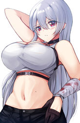  absurdres azur_lane bandaged_arm bandages bare_shoulders black_gloves black_pants blood blush breasts chest_strap cleavage crop_top female gloves grey_hair hair_between_eyes highres large_breasts long_hair looking_at_viewer misonikomi mole mole_on_stomach mole_under_eye navel official_alternate_costume pants red_eyes shirt simple_background solo sovetskaya_rossiya_(azur_lane) sovetskaya_rossiya_(the_lackadaisical_lookout)_(azur_lane) very_long_hair white_background 