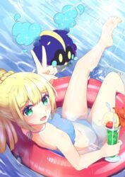  afloat bare_arms bare_legs barefoot berry bikini blonde_hair blue_bikini blush commentary_request cosmog drinking_straw female flower green_eyes highres holding huziiro_matutya innertube lillie_(pokemon) liquid long_hair open_mouth poke_ball_print pokemon pokemon_(creature) pokemon_sm ponytail shiny smile swim_ring swimsuit toes tongue v water 