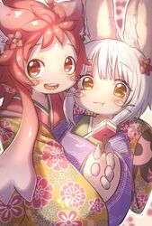  2girls :3 :t alternate_costume animal_ears bandam commentary_request dress eating floral_print flower food furry hair_flower hair_ornament highres hinamatsuri hishimochi holding holding_food japanese_clothes kimono long_hair looking_at_viewer made_in_abyss mitty_(made_in_abyss)_(furry) multiple_girls nanachi_(made_in_abyss) open_mouth purple_kimono rabbit_ears red_eyes red_hair sayagata short_hair signature simple_background smile upper_body wagashi whiskers white_hair wide_sleeves yellow_eyes yellow_kimono yukata 