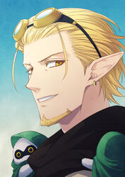  1boy animal_on_shoulder beard blonde_hair blue_background cape earrings facial_hair goggles goggles_on_head gradient_background green_cape grin hair_slicked_back highres hood jewelry looking_at_viewer male_focus orange_eyes pixiv_fantasia pixiv_fantasia_age_of_starlight pointy_ears portrait shima108 smile solo trade_king_farid 