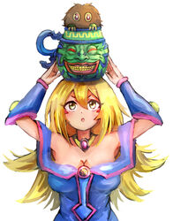  balancing_on_head blonde_hair bracer breasts cleavage commentary dark_magician_girl duel_monster facial_mark female hair_between_eyes hands_up hatano_kiyoshi jewelry kuriboh long_hair no_headwear pot_of_greed simple_background upper_body white_background yellow_eyes yu-gi-oh! 