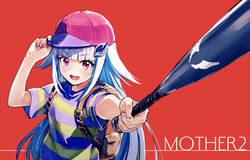  arms_up backpack bag baseball_bat baseball_cap blunt_bangs blush commentary_request copyright_name cosplay female hand_on_headwear hat highres lize_helesta long_hair mother_(game) mother_2 ness_(mother_2) ness_(mother_2)_(cosplay) nijisanji outstretched_arm purple_eyes red_background red_hat sakino_shingetsu shirt short_sleeves sidelocks simple_background solo straight_hair striped_clothes striped_shirt two-tone_shirt upper_body very_long_hair virtual_youtuber white_hair 