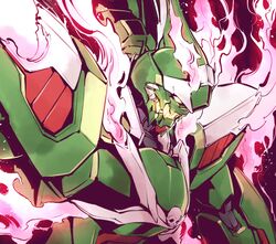  black_background crossbone_gundam crossbone_gundam_ghost fire glowing glowing_eye gundam highres ishiyumi leaning_forward looking_down mecha no_humans open_mouth phantom_gundam pink_fire robot science_fiction skull solo upper_body v-fin 