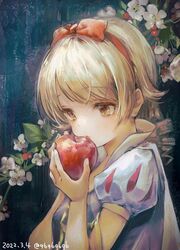  apple blonde_hair blue_dress cape cosplay dress earrings expressionless female flower food fruit hairband highres holding holding_food holding_fruit idolmaster idolmaster_cinderella_girls jewelry kuroda_kuroko looking_at_food looking_down morikubo_nono puffy_short_sleeves puffy_sleeves red_apple red_hairband ringlets short_sleeves snow_white_(disney) snow_white_(disney)_(cosplay) snow_white_and_the_seven_dwarfs solo stud_earrings upper_body 