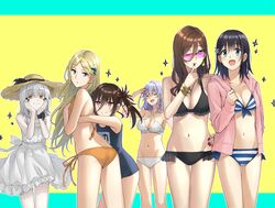  6+girls aqua_eyes ass bikini black_bikini black_hair black_nails blonde_hair bracelet breasts brown_hair closed_eyes commentary_request cool_down_(hero-san_to_moto_onna_kanbu-san) dress earrings flat_ass frilled_bikini frills green_eyes grey_hair groin hands_on_own_face hat hero-san_to_moto_onna_kanbu-san highres honey_trap_(hero-san_to_moto_onna_kanbu-san) honjou_hayate hood hoodie jewelry kyouka_suigetsu large_breasts looking_over_eyewear medium_breasts melt_out multiple_girls navel one-piece_swimsuit open_mouth orange_bikini orange_eyes pale_skin pink_eyes purple_hair red_nails school_swimsuit side-tie_bikini_bottom smile somechime_(sometime1209) striped_bikini striped_clothes sun_hat sunglasses swimsuit tinted_eyewear white_dress x_(hero-san_to_moto_onna_kanbu-san) 