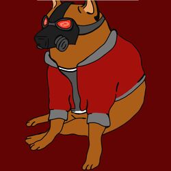  1:1 canid canine canis cheems clothing dogelore domestic_dog feral gas_mask hoodie male mammal mask meme naysayingmongrel red_clothing red_eyes simple_background solo topwear 