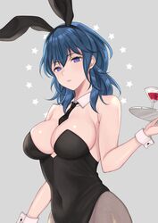  animal_ears bad_id bad_twitter_id bare_arms bare_shoulders black_hairband black_leotard black_necktie blue_eyes blue_hair breasts brown_pantyhose byleth_(female)_(fire_emblem) byleth_(fire_emblem) cleavage commentary covered_navel cowboy_shot cup detached_collar drinking_glass expressionless female fire_emblem fire_emblem:_three_houses grey_background hairband highres holding holding_tray hoshido1214 large_breasts leotard long_hair looking_at_viewer necktie pantyhose parted_lips playboy_bunny rabbit_ears solo starry_background strapless strapless_leotard tray wrist_cuffs 