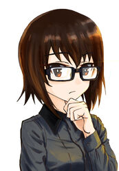  absurdres bespectacled black-framed_eyewear brown_eyes brown_hair closed_mouth commentary dress_shirt female frown girls_und_panzer glasses grey_shirt hand_on_own_chin highres kuromorimine_school_uniform long_sleeves looking_at_viewer military military_uniform nishizumi_maho oritako portrait rectangular_eyewear redrawn school_uniform shirt short_hair simple_background solo uniform white_background wing_collar 