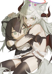  animal_ear_fluff animal_ears bandages bare_shoulders black_thighhighs brown_eyes brown_wings character_doll closed_mouth copyright_request demon_girl demon_horns demon_wings female flower green_nails grey_hair hair_between_eyes horns hugging_object looking_at_viewer nail_polish newflame pink_flower purple_flower simple_background sitting solo tail thighhighs tongue tongue_out white_background wings 