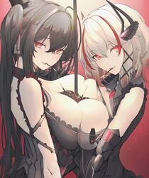  2girls absurdres azur_lane black_dress black_gloves black_hair blonde_hair breast_press breasts bust_cup chinese_commentary chocolate chocolate_on_body chocolate_on_breasts cleavage commentary_request dress dripping food food_between_breasts food_in_mouth food_on_body frilled_dress frills from_side gloves glowing glowing_eyes gradient_hair hair_ornament hair_ribbon hat headgear highres large_breasts long_hair looking_at_viewer mini_hat multicolored_hair multiple_girls pocky pocky_day red_background red_eyes red_hair ribbon roon_(azur_lane) roon_(muse)_(azur_lane) sexually_suggestive short_hair skirt smile streaked_hair suggestive_fluid symmetrical_docking taihou_(azur_lane) taihou_(muse)_(azur_lane) upper_body very_long_hair x_hair_ornament yusha_m 