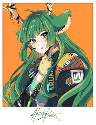  alternate_costume animal_ears antlers breasts character_name cleavage commission faux_photograph female fur_scarf green_eyes green_hair haruka_karibu headset highres horns indie_virtual_youtuber jacket long_hair looking_to_the_side medium_breasts moose_ears orange_background polaroid rae_laveire_(artist) reindeer_girl smile solo virtual_youtuber 