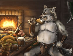  alcohol anthro armor barbarian belly beverage big_bulge bodily_fluids bulge canid canine canis digital_media_(artwork) digital_painting_(artwork) eating eating_food feast fire food hi_res leather leather_armor male mammal meat overweight overweight_male portrait saliva sitting solo three-quarter_portrait viking wall_(structure) wolf wood wood_wall yenocwolf 